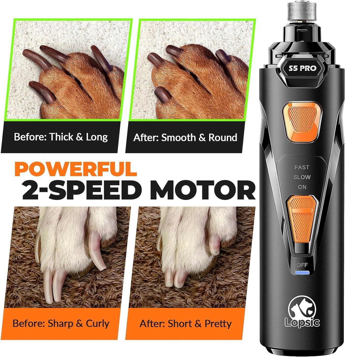 LOPSIC Whisper Quiet Dog Nail Grinder Set with Low Vibration, Stress Free, 2 LED Lights and 3 Grinding Wheels AMAZON CHOICE!
